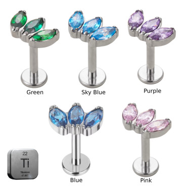 Natural Titanium 3CZ Curved 16G (1.2MM) Internally Threaded Labret Stud