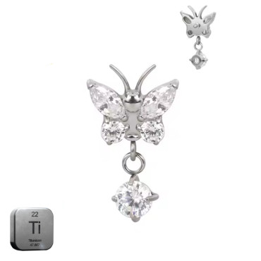 Natural Titanium 16G (1.2mm) Internally Threaded Butterfly Dangling Piercing Stud
