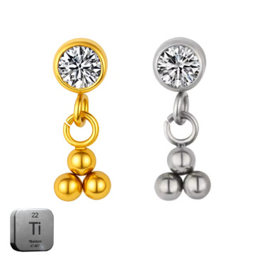 Titanium 16G (1.2mm) Internally Threaded 3 Dots CZ Dangling Piercing Stud