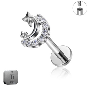 Natural Titanium 16G (1.2MM) Internally Threaded Moon with Star Labret Stud