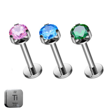 Natural Titanium 16G (1.2MM) Internally Threaded Crystal Labret Stud