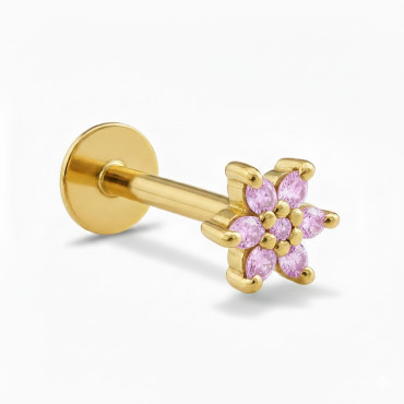 18K Yellow Gold Pink CZ Flower Stud – Internally Threaded (Sold Per Piece)