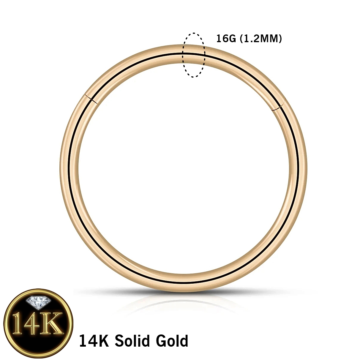 14K Solid Gold Plain Piercing Hoop 16G