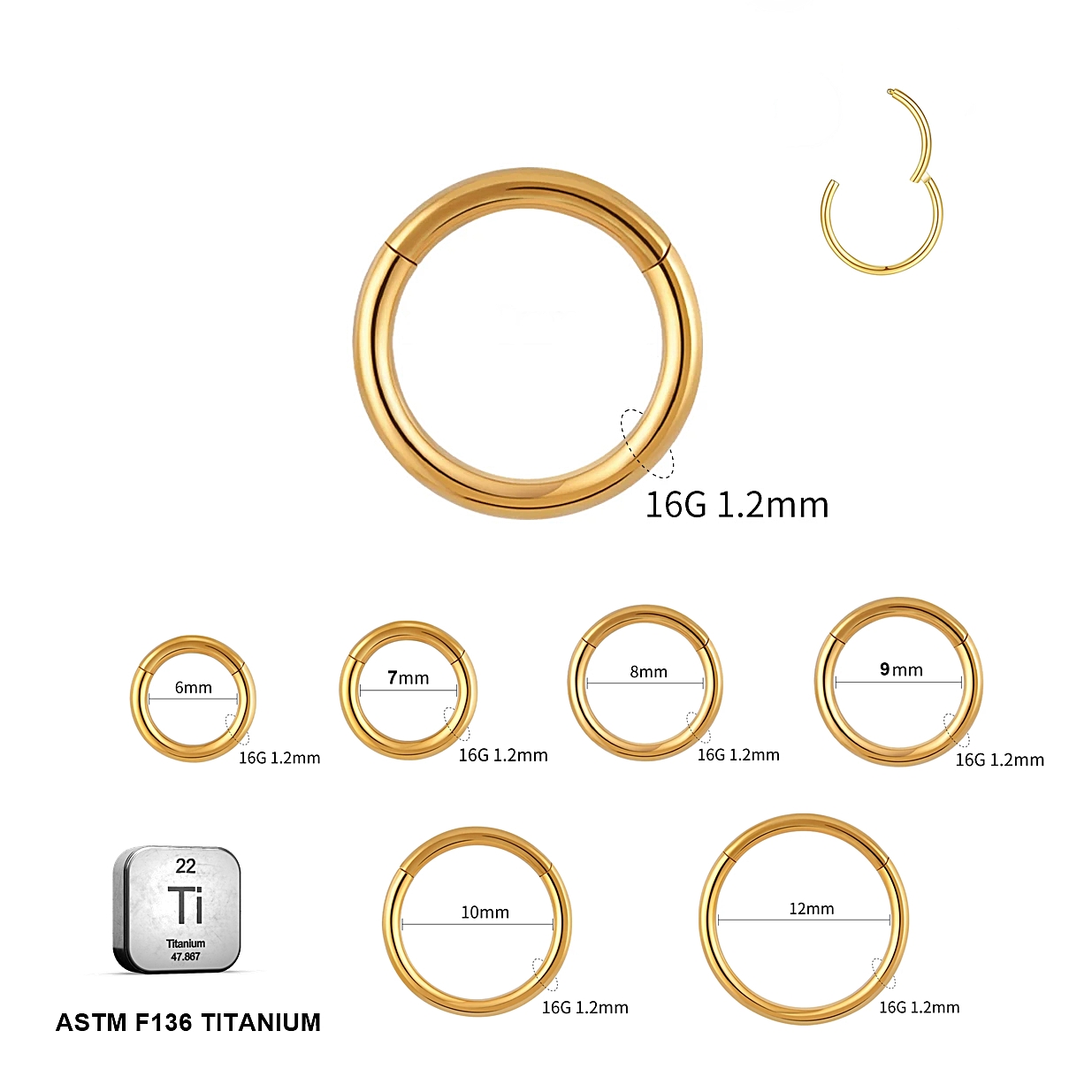 ASTM F136 Titanium 16G (1.2MM) Hinged Lock Plain Golden Piercing Ring Hoop