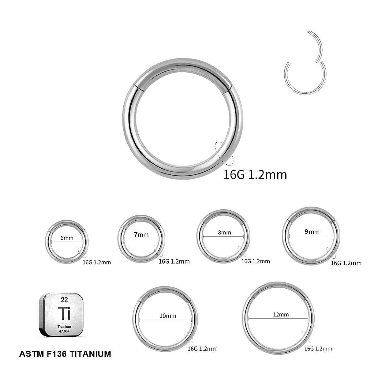 ASTM F136 Titanium 16G (1.2MM) Hinged Lock Plain Natural Titanium Piercing Ring Hoop