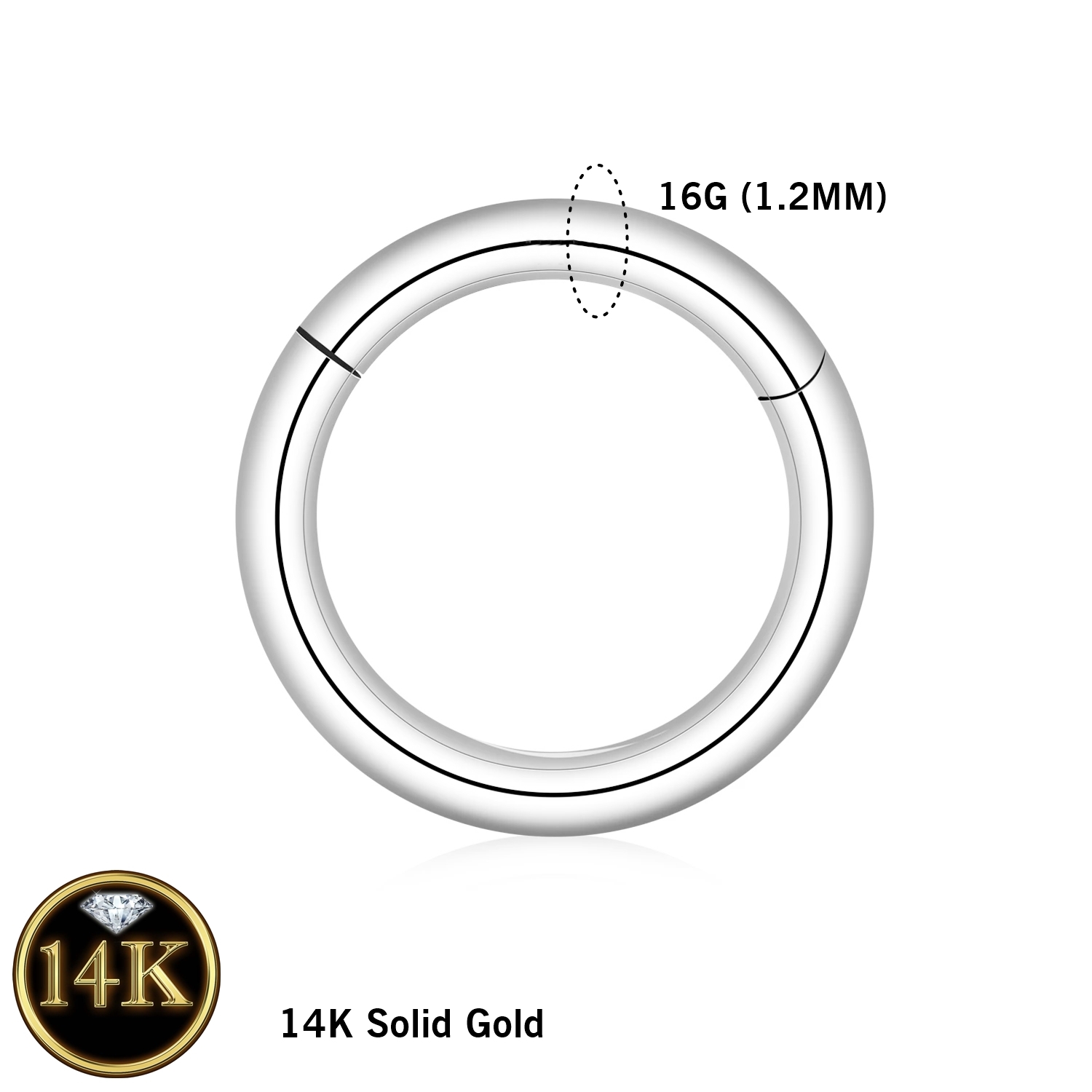 14K Solid White Gold Plain Piercing Hoop 16G
