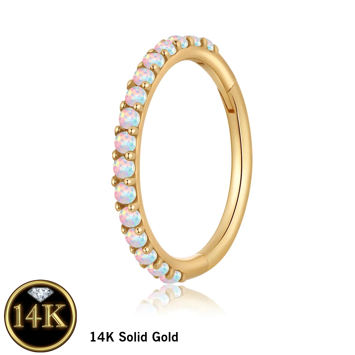 14K Solid Gold Opal Studded Piercing Hoop 16G 8MM