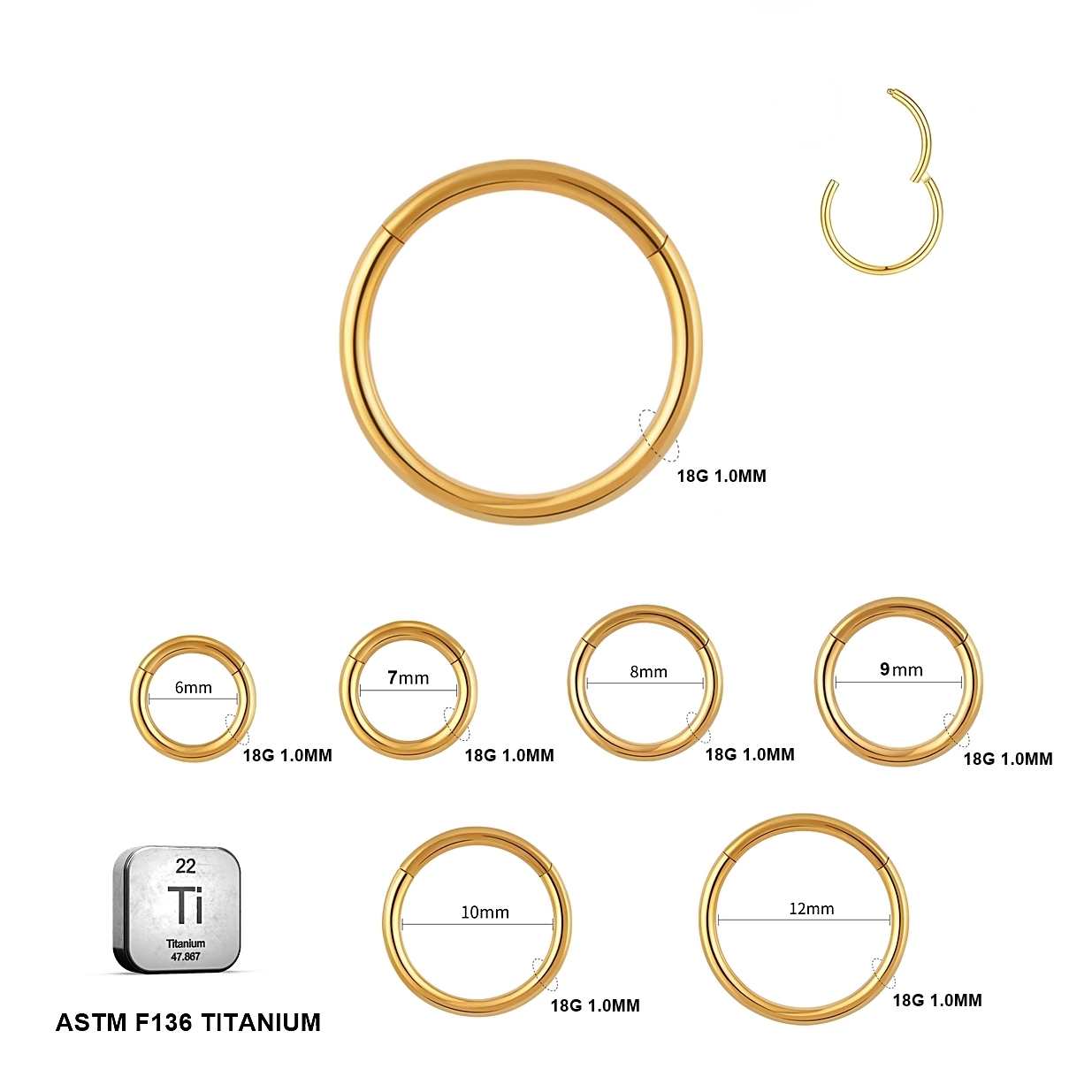 ASTM F136 Titanium 18G (1.0MM) Hinged Lock Plain Golden Piercing Ring Hoop