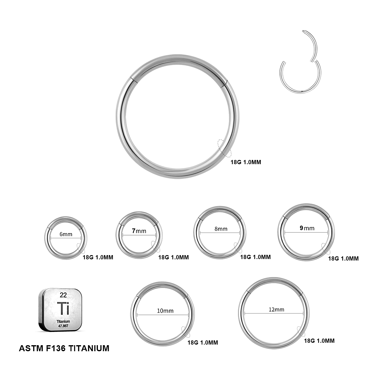 ASTM F136 Titanium 18G (1.0MM) Hinged Lock Plain Natural Titanium Piercing Ring Hoop