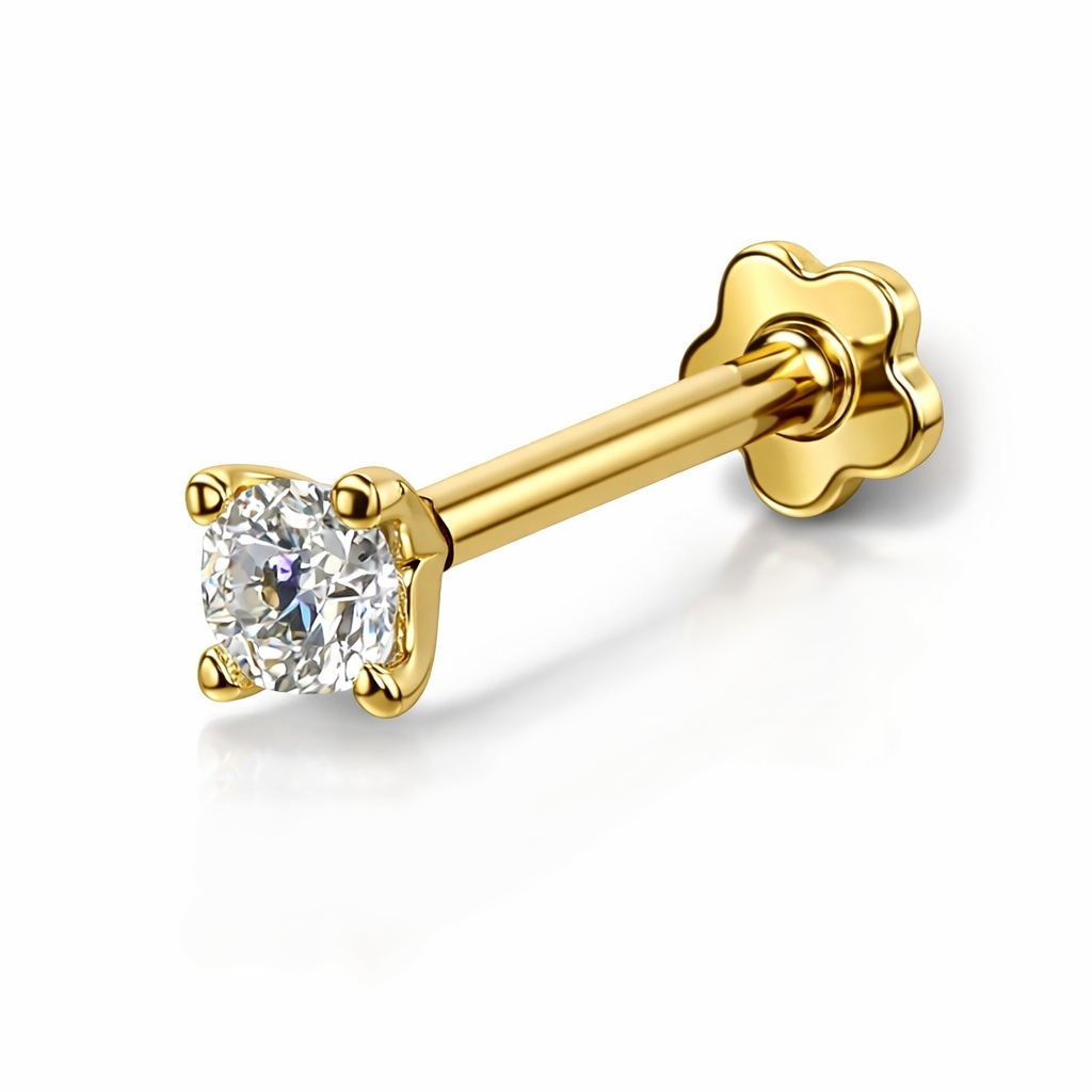 18K Gold Lab Diamond Flat Back Stud – Internally Threaded (16G)