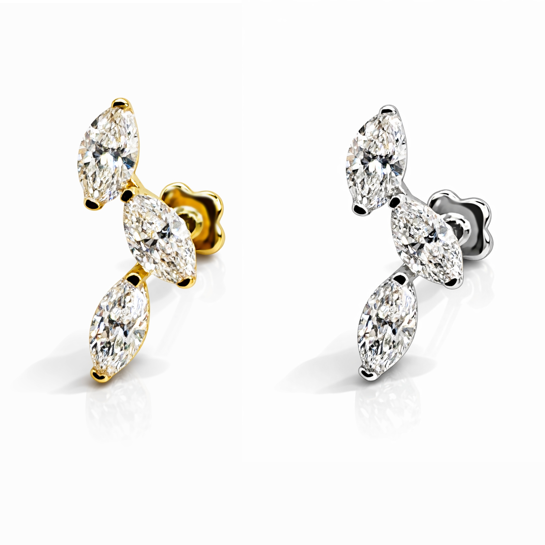 18K Gold Triple Marquise Diamond Stud (Sold Per Piece)