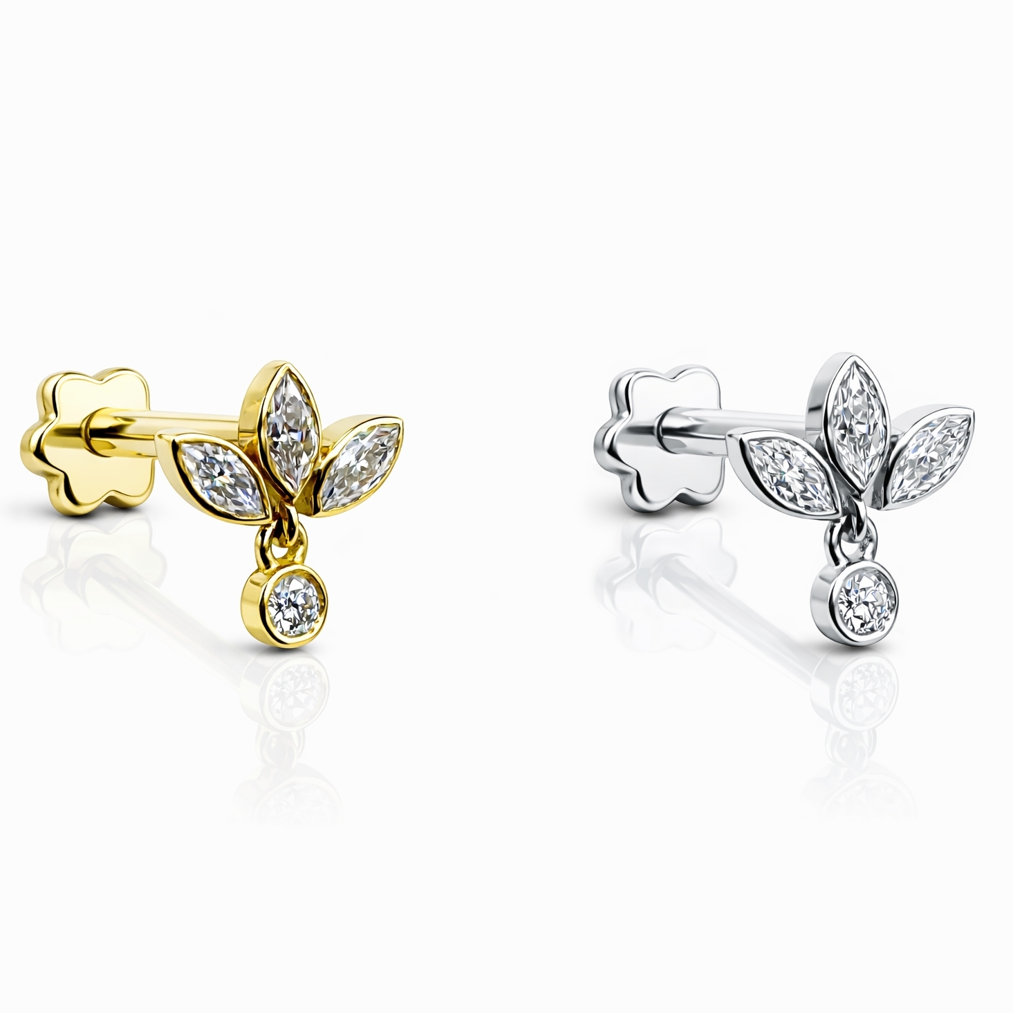 18K Gold Moissanite Lotus Dangle Flat-Back Stud