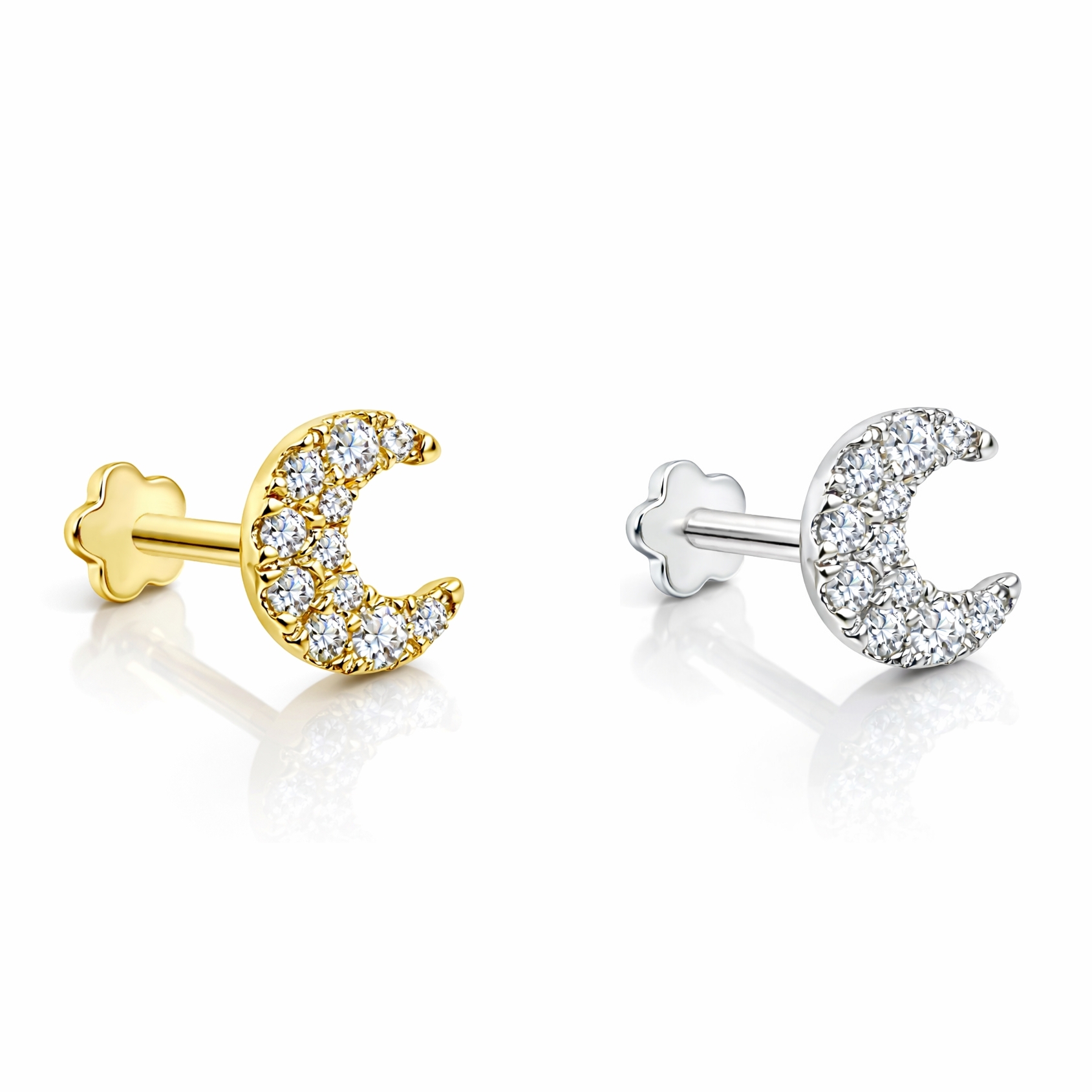 18K Gold Crescent Moon Moissanite Ear Piercing Stud