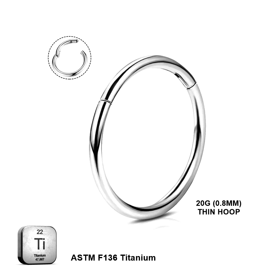 ASTM F136 Titanium 20G (0.8MM) Hinged Lock Plain Natural Titanium Piercing Ring Hoop