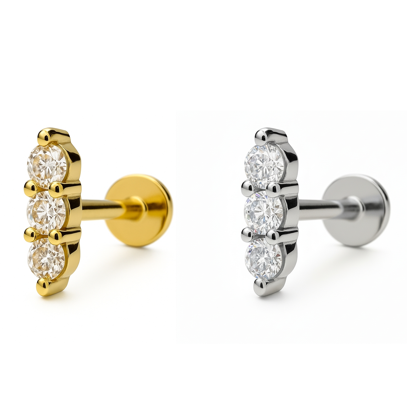 18K Gold Triple Moissanite Stud – Internally Threaded (Sold Per Piece)