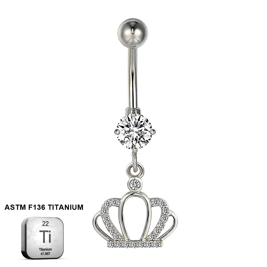 Titanium 14G (1.6MM) Externally Threaded Dangling Crown Belly Button Piercing 10MM