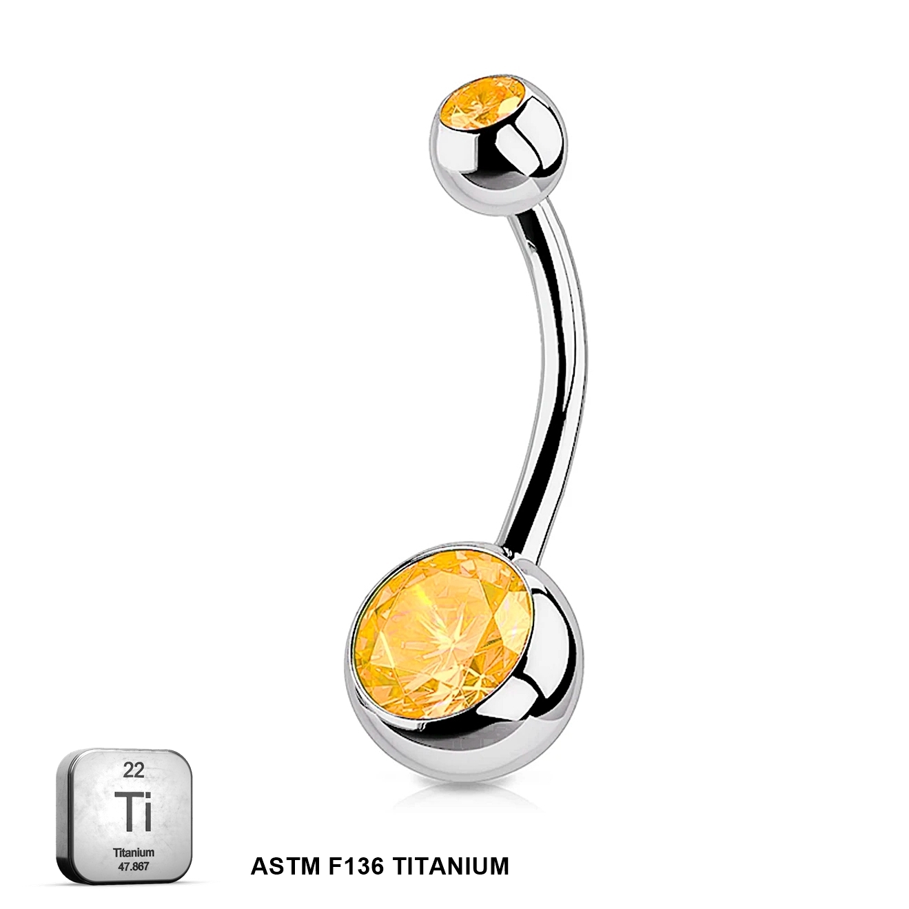 Titanium 14G (1.6MM) Externally Threaded Yellow Color Belly Button Piercing 10MM