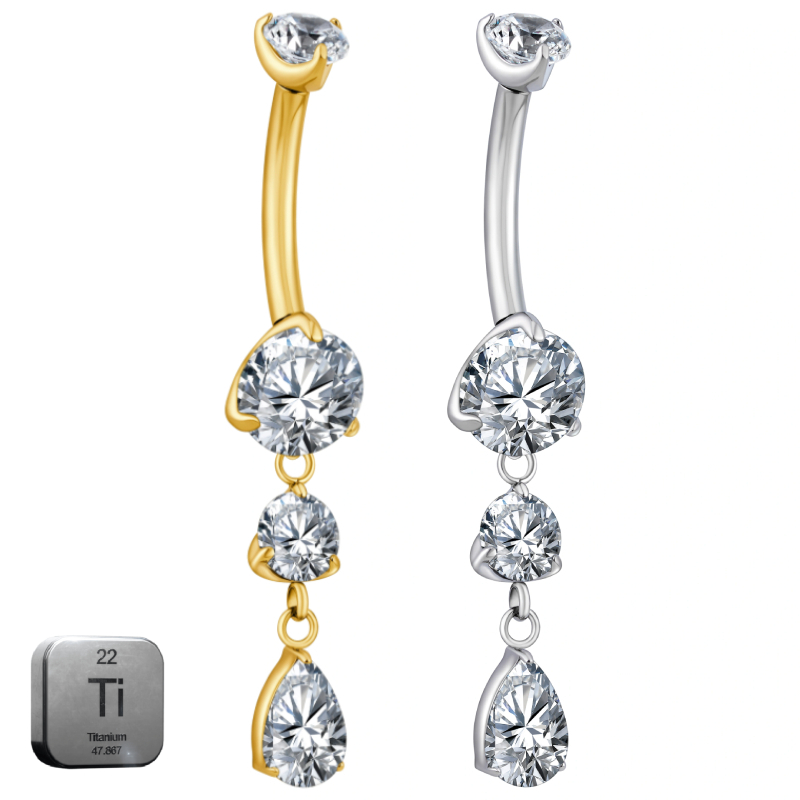 Premium Titanium Hanging 2 Drop Crystals Belly Ring | 14G (1.6MM) | 10MM Bar