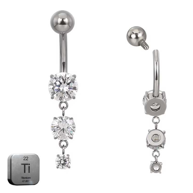 Premium Titanium Round Belly with Dangling Crystals Belly Ring | 14G (1.6MM) | 10MM Bar