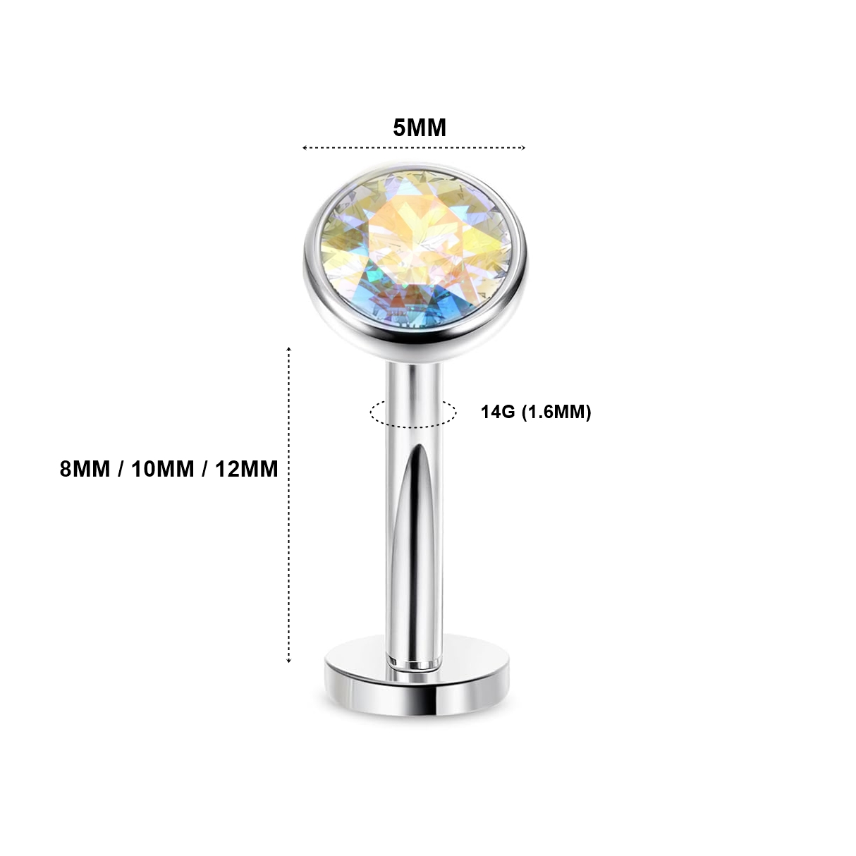 Titanium 14G (1.6MM) Internally Threaded Multicolor Crystal Floating Belly Button Piercing