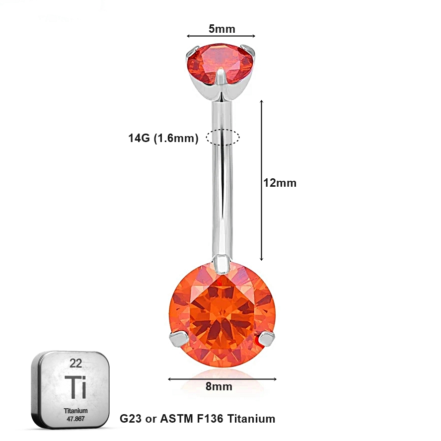 BELLY_12_02 ASTM F136 Titanium 14G (1.6MM) Internally Threaded Orange Red Belly Button Piercing 12MM