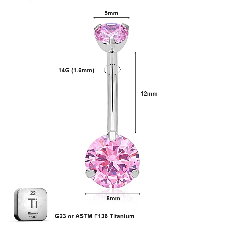 BELLY_12_04 ASTM F136 Titanium 14G (1.6MM) Internally Threaded Pink Belly Button Piercing 12MM