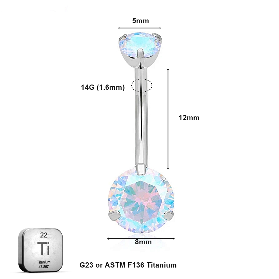 BELLY_12_05 ASTM F136 Titanium 14G (1.6MM) Internally Threaded AB Belly Button Piercing 12MM