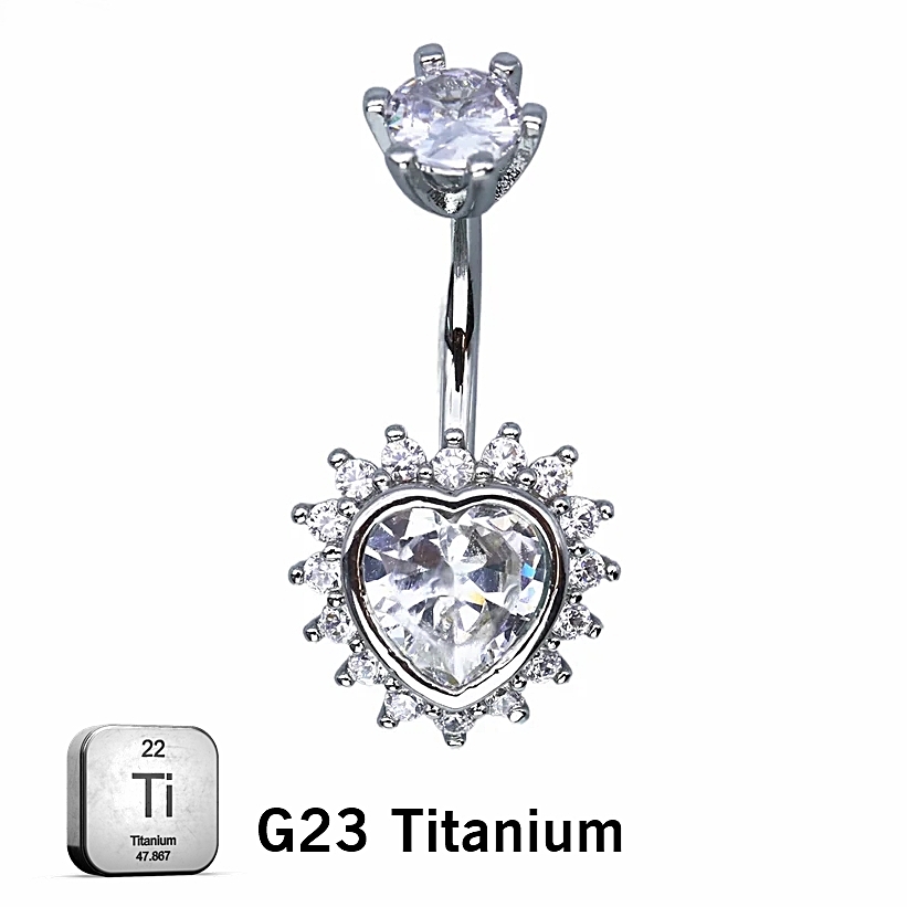 BELLY_12_06 ASTM F136 Titanium 14G (1.6MM) Externally Threaded Heart Shape Belly Button Piercing 12MM