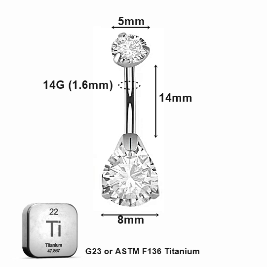 Belly_14_09 ASTM F136 Titanium 14G (1.6MM) Internally Threaded White Water Drop Belly Button Piercing 14MM