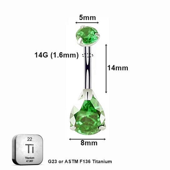 Belly_14_10 ASTM F136 Titanium 14G (1.6MM) Internally Threaded Green Water Drop Belly Button Piercing 14MM