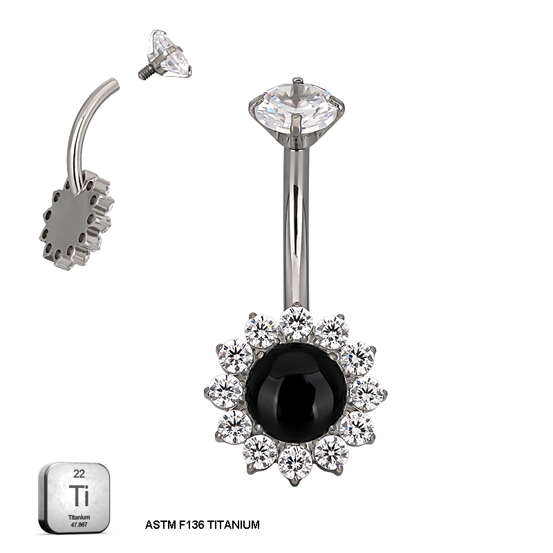 Black Onyx & CZ Sunflower Belly Piercing