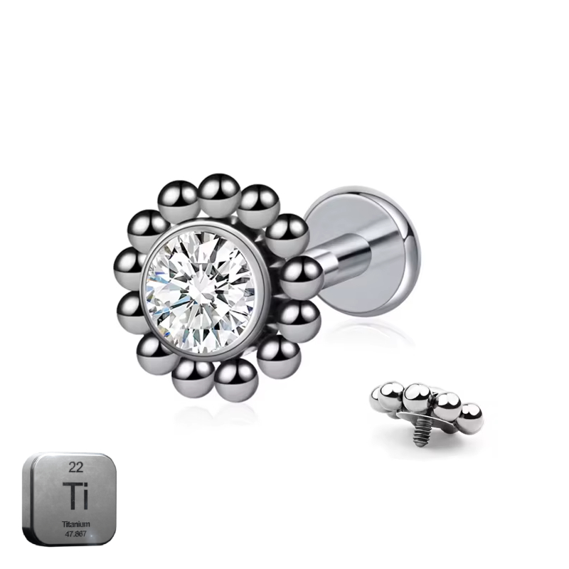 Natural Titanium 16G (1.2MM) Internally Threaded Round Dotted Crystal Piercing Stud