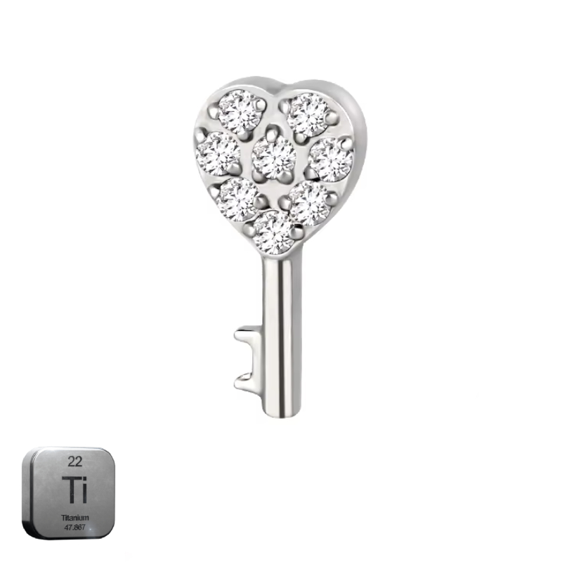 Natural Titanium 16G (1.2MM) Internally Threaded Key Heart Piercing Stud