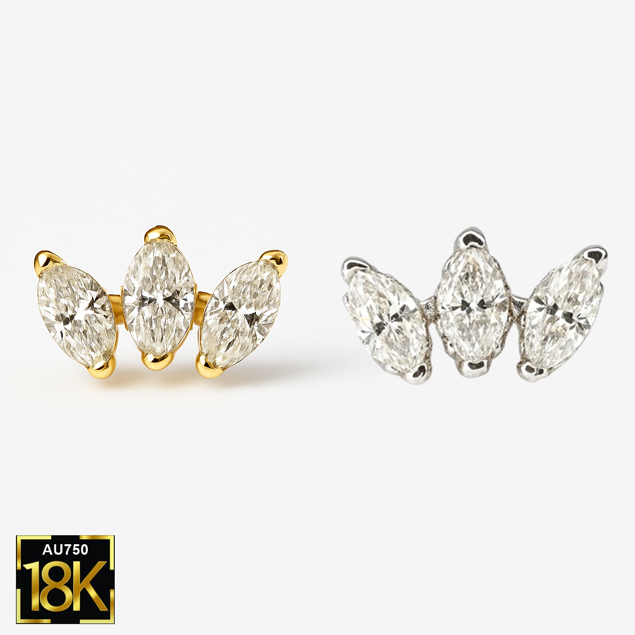 Marquise Trinity Diamond Stud – 18K Gold (Threaded Flat Back)