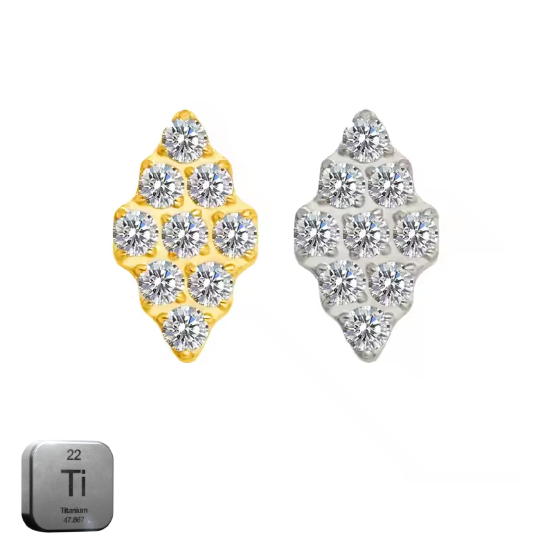 Natural Titanium 16G (1.2MM) Internally Threaded 9 Crystal with Diamond Shaped Piercing Stud