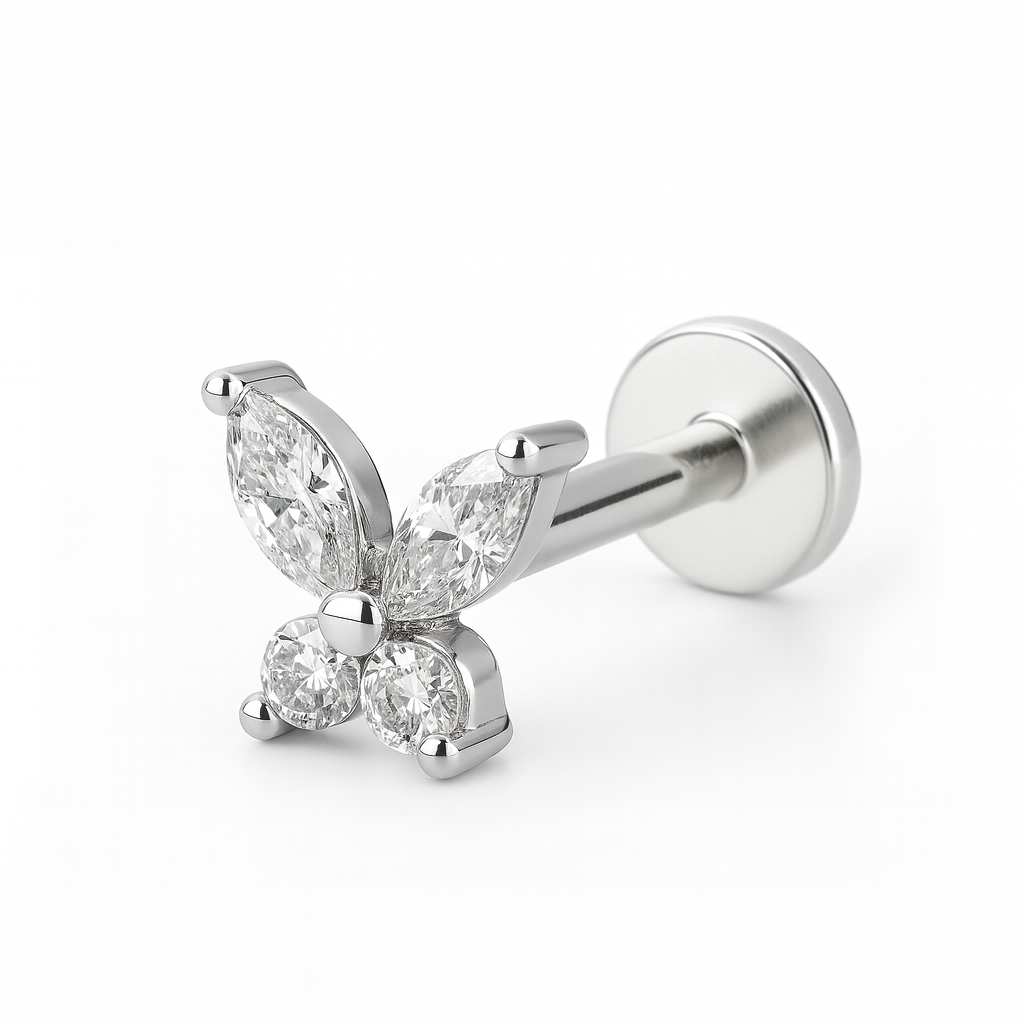 18K White Gold Butterfly Labret with VVS D Color Lab Diamonds