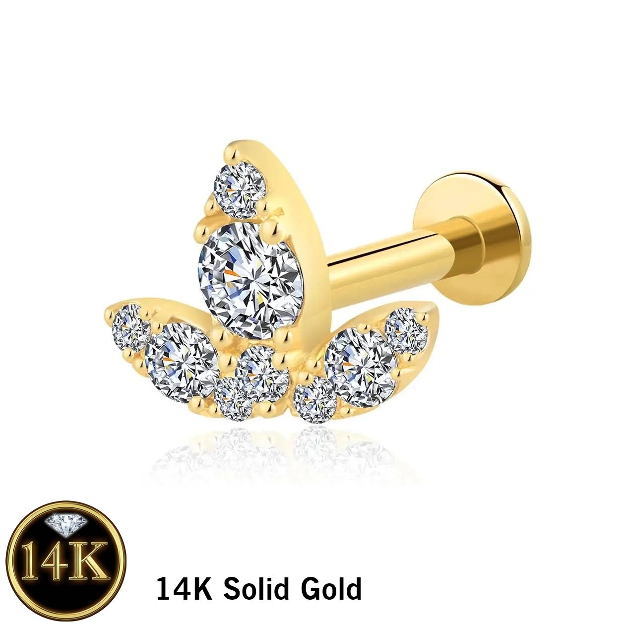 14K Solid Gold 18G Threadless Push Pin Flat Back 3CZ Sprout Stud