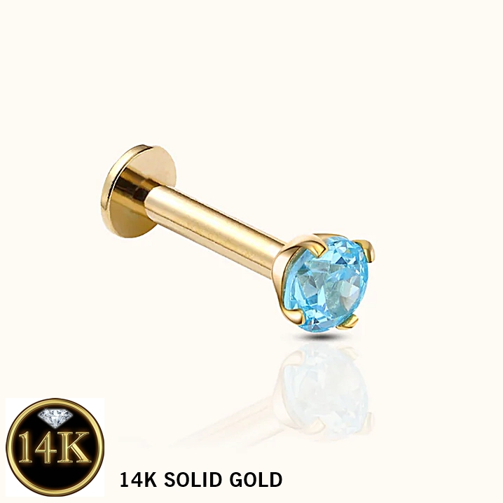 14K Solid Gold 18G Threadless Push Pin Aquamarine Crystal Stud