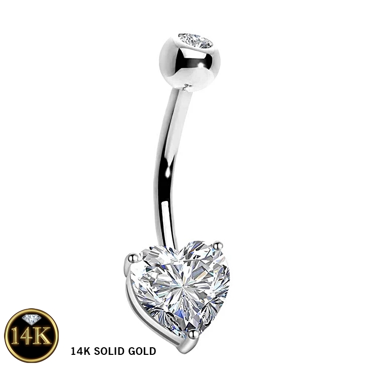 14K Solid White Gold Heart Shape Belly Piercing Jewelry 14G 10MM