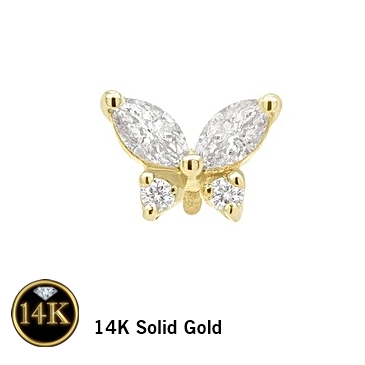 14K Solid Gold 18G Threadless Push Pin Flat Back Butterfly Stud