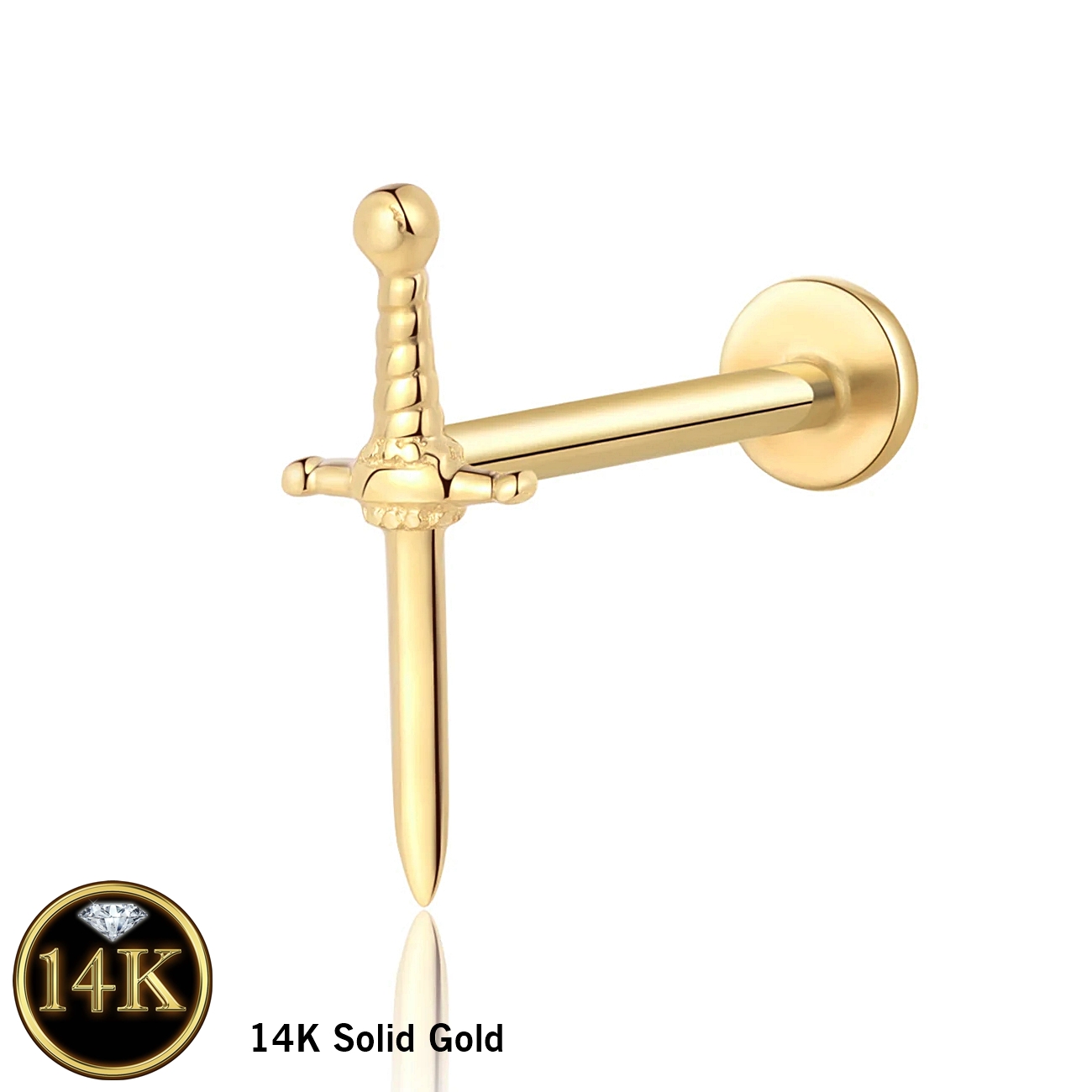 14K Solid Gold 18G Threadless Push Pin Flat Back Dager Stud