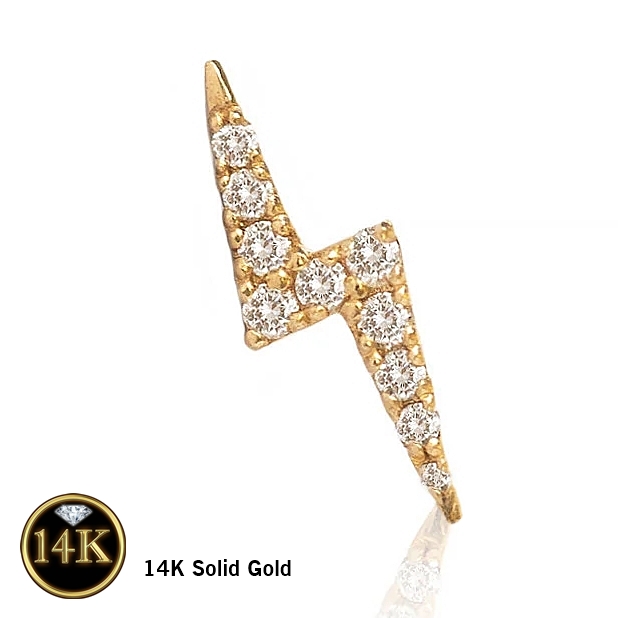 14K Solid Gold 18G Threadless Push Pin Flat Back Lightning Bolt Stud