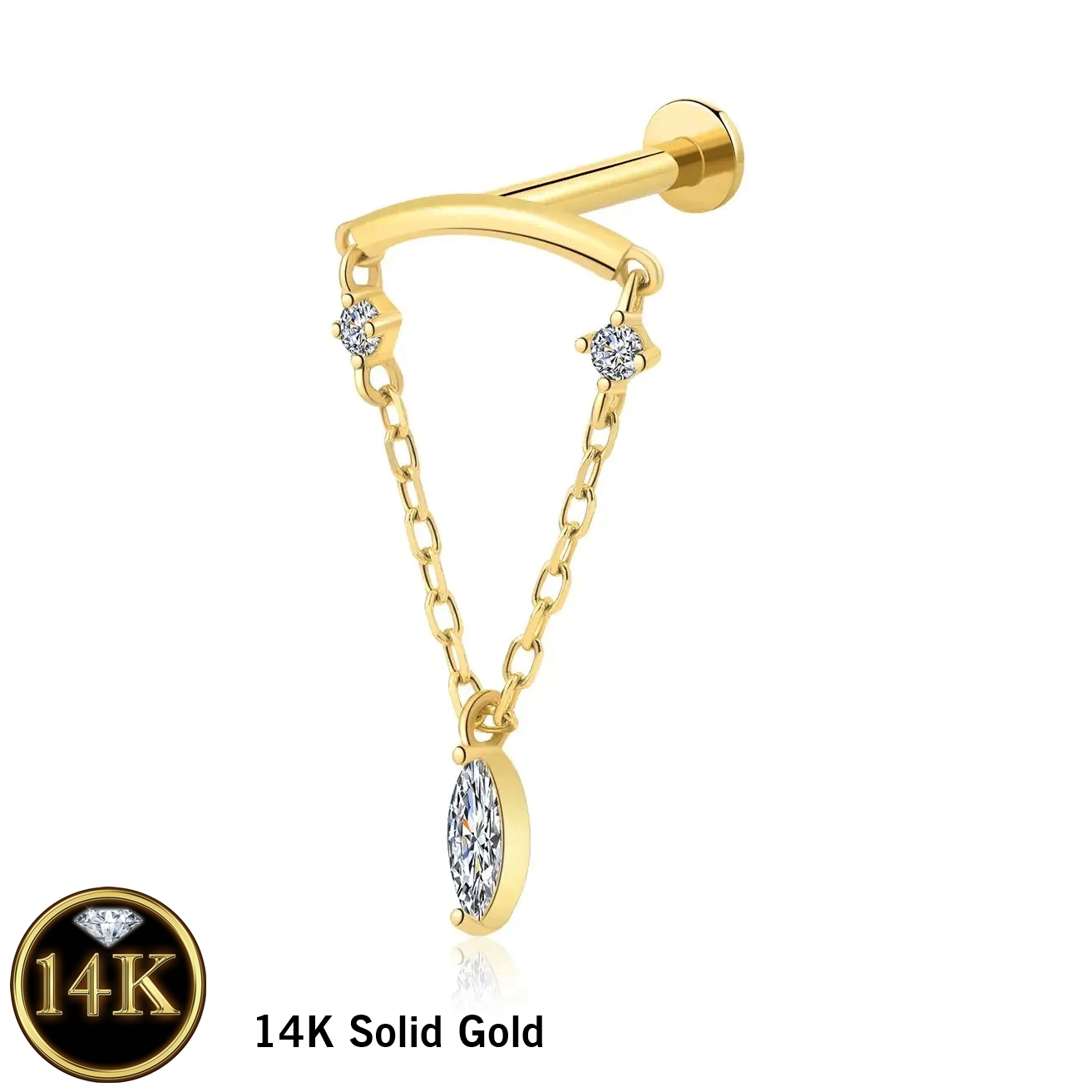 GoldHidH1 14K Solid Gold 18G Push Pin Lock Hidden Helix Piercing Jewelry