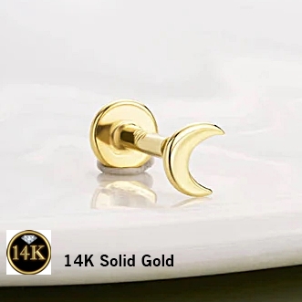 14K Solid Gold 18G Threadless Push Pin Flat Back Moon Stud