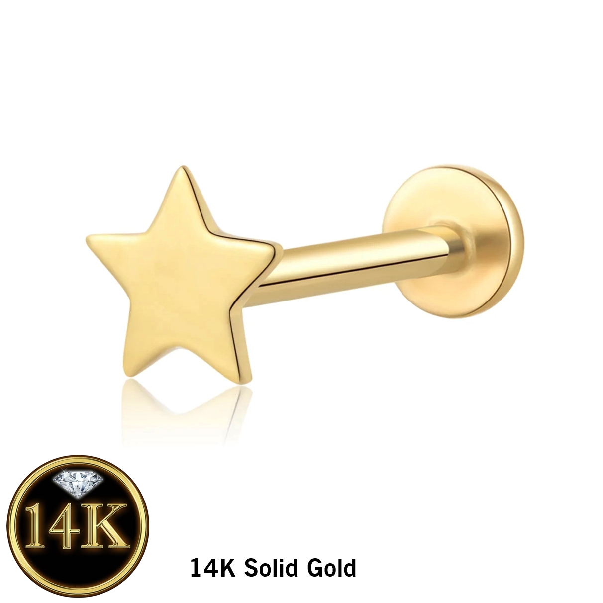 14K Solid Gold 18G Threadless Push Pin Flat Back Star Stud