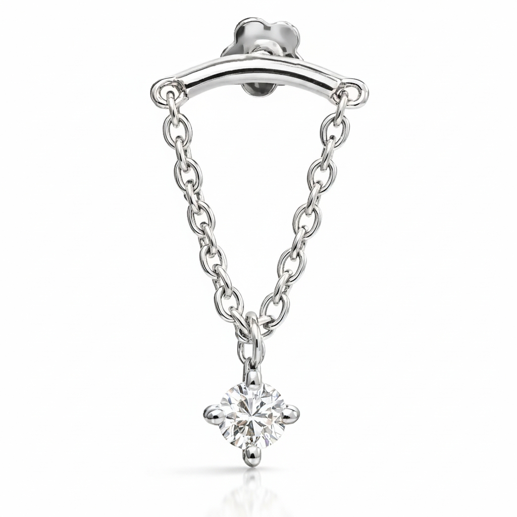 18K White Gold Hidden Helix Chain with Natural Diamond Drop