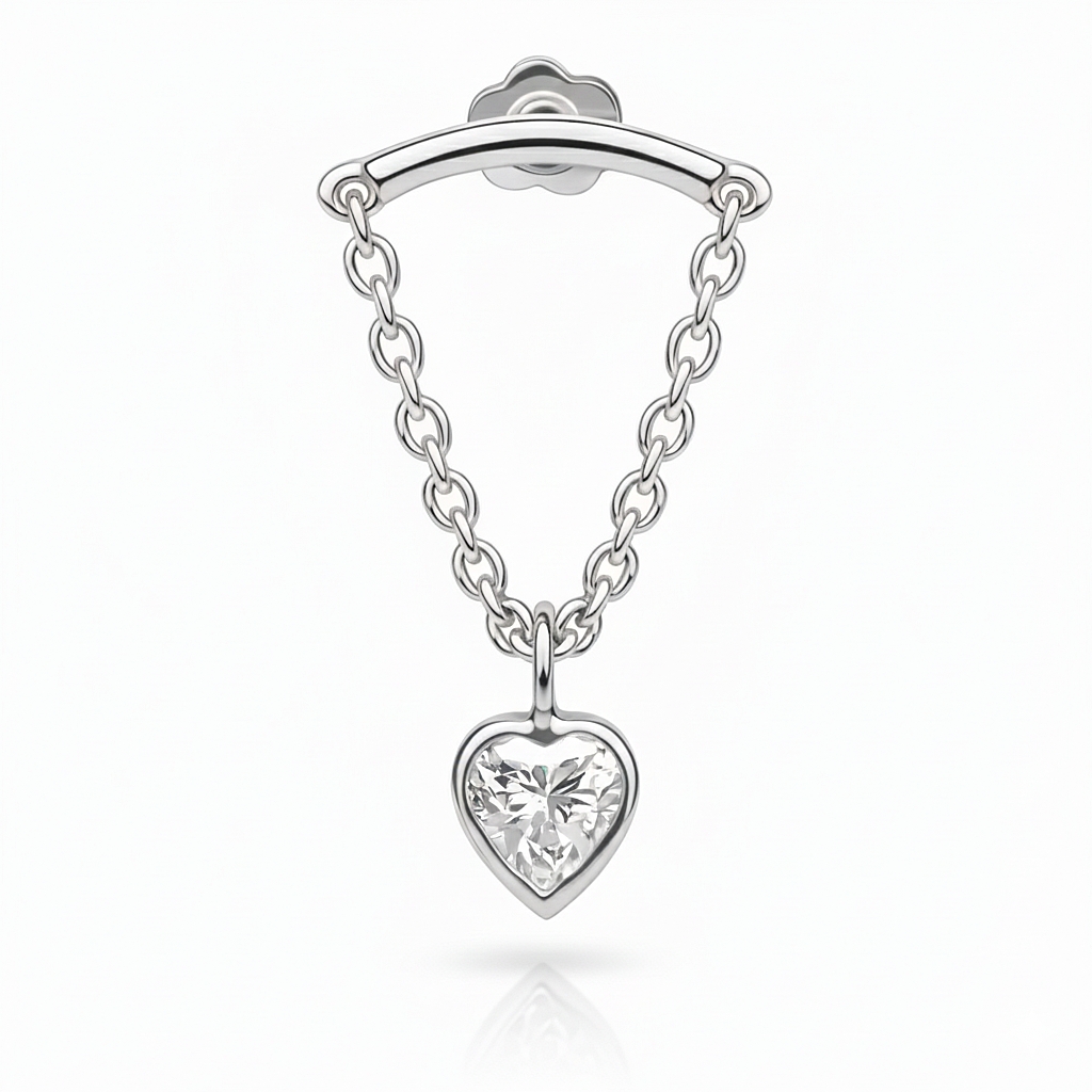 18K White Gold Hidden Helix Chain Stud with Heart-Shape Moissanite