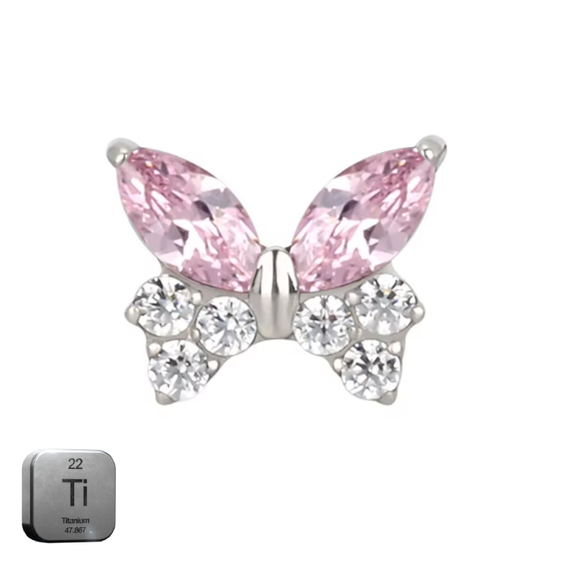 Natural Titanium 16G (1.2MM) Internally Threaded Pink Crystal Butterfly Labret Stud
