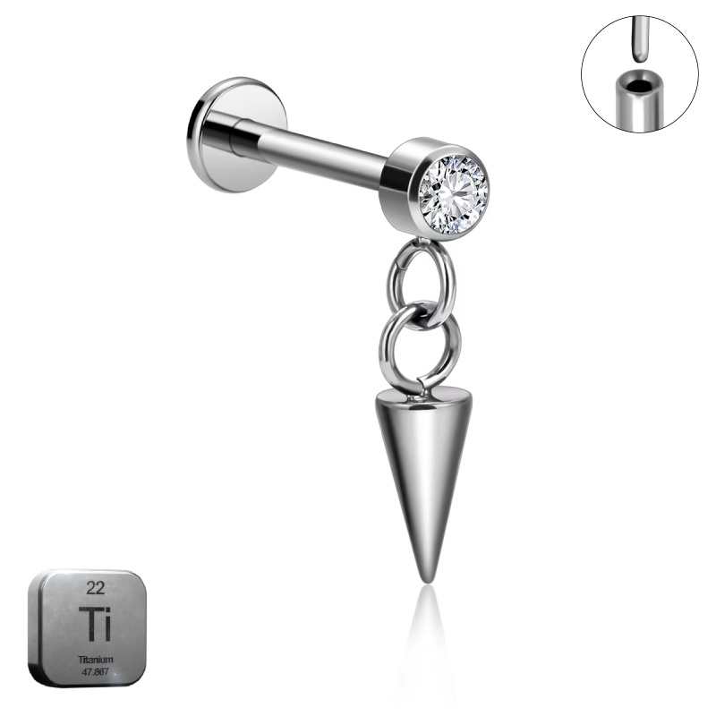 Natural Titanium 16G (1.2mm) Internally Threaded Spike Dangling Piercing Stud