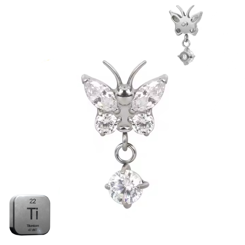 Natural Titanium 16G (1.2mm) Internally Threaded Butterfly Dangling Piercing Stud